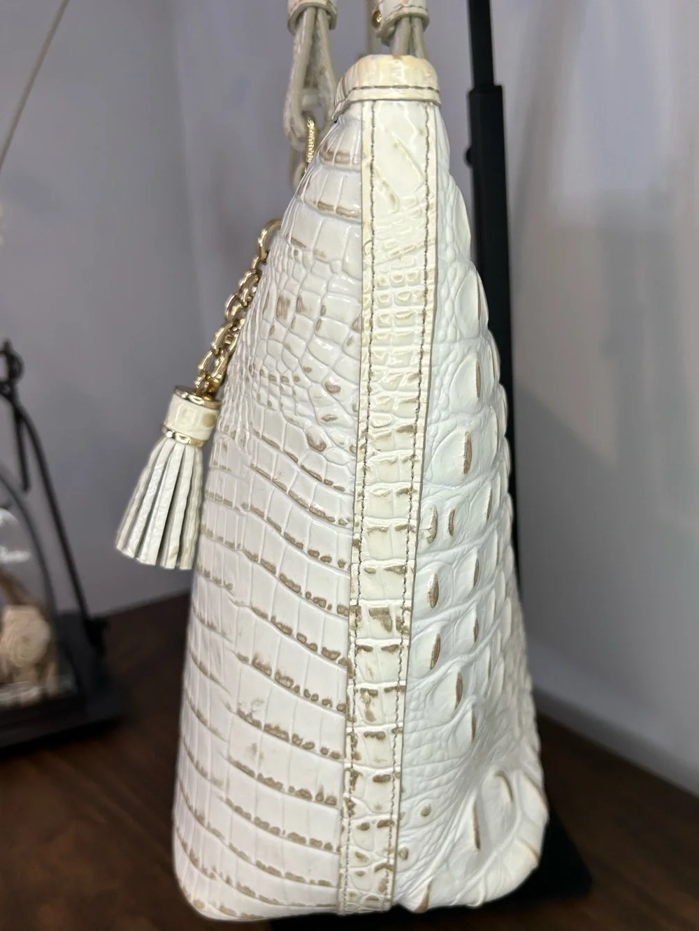 Brahmin Medium Asher White Melbourne Croc Embossed Leather Tote with Tassel